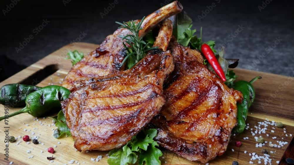 Lamb pork chops grilled with salad on wooden cutting board rotate. Loin on ribs