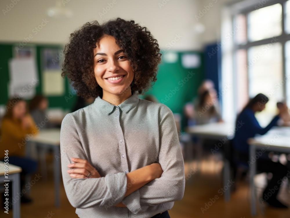 smiling teacher standing in classroom with arms crossed. smiling teacher standing in classroom with arms crossed.