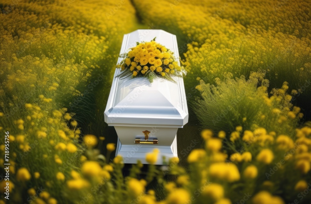White funeral casket with yellow flowers in green meadow after funeral