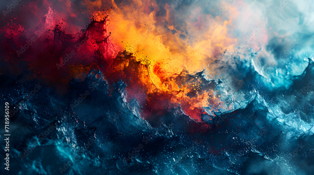 A turbulent ocean with sunset colors clashing against cool blue waves, creating a dramatic, dreamlike atmosphere of natural chaos and beauty