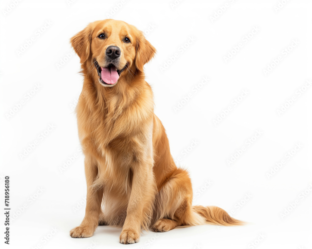 Smiling Golden Retriever Sitting Against White Backdrop