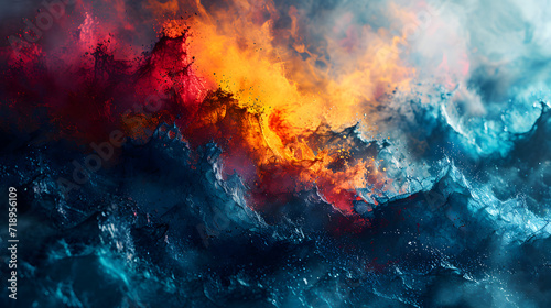 A turbulent ocean with sunset colors clashing against cool blue waves, creating a dramatic, dreamlike atmosphere of natural chaos and beauty photo
