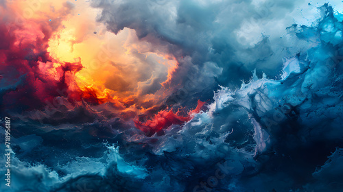 Stunning abstract art showcasing a stormy ocean with vibrant sunset hues blending with cool blue waves, evoking a surreal and captivating scene of nature's wild beauty