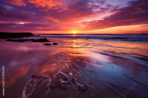 Serene Twilight Magic: A Spectacular Display of Nature's Beauty at a Tranquil Beach at Sunset