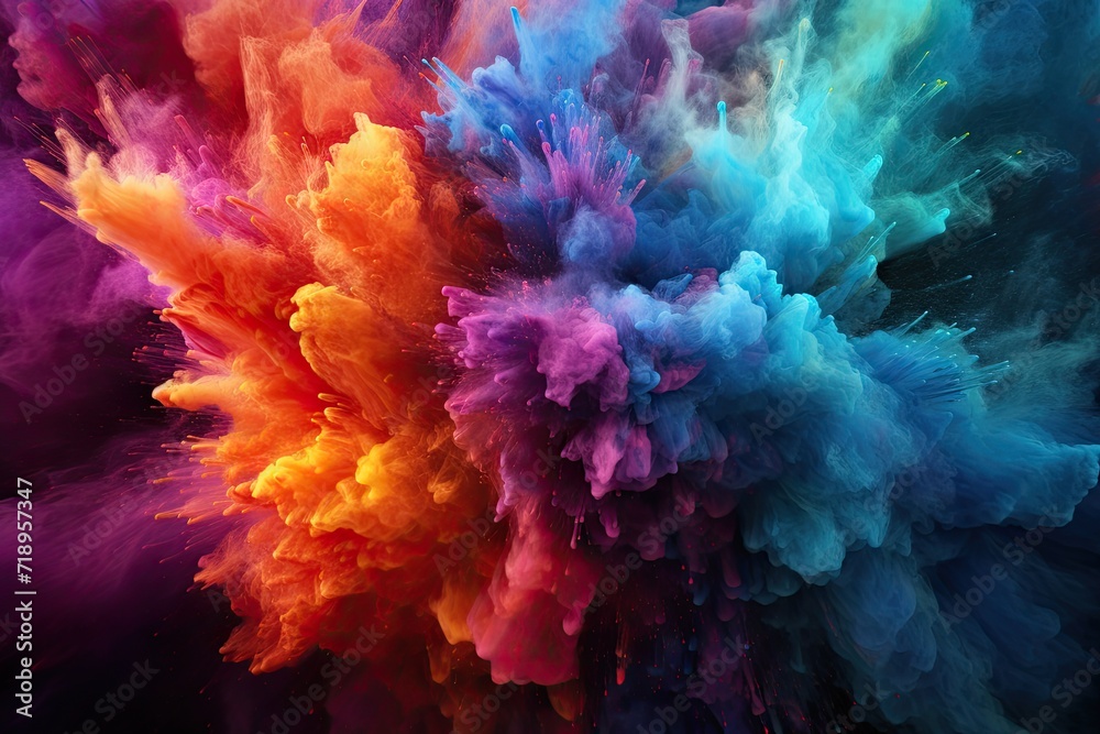 Fototapeta premium Colorful powder explosion on backdrop. Holi inspired abstract closeup.