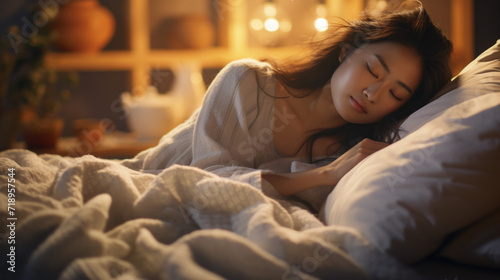 ベッドで眠るアジア人女性