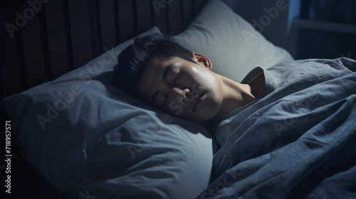 ベッドで眠るアジア人男性
