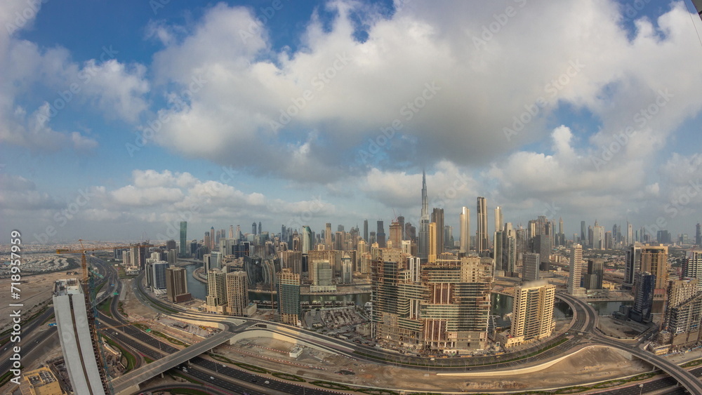 Panoramic skyline of Dubai with business bay and downtown district night to day timelapse. Panoramic skyline of Dubai with business bay and downtown district night to day timelapse.