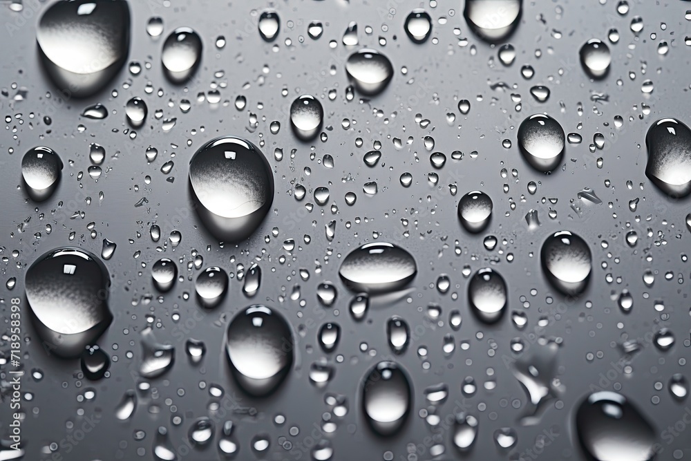 Raindrops on gray background with bubbles   realistic water droplets for banner design.