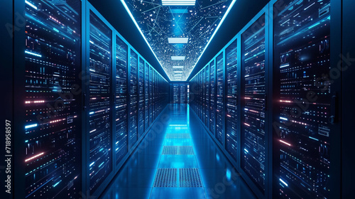 Cybersecurity shields, AI minds fortify, Network Management ensures connectivity, Modern Data Centers optimize storage, Cloud Networking revolutionizes infrastructure. photo