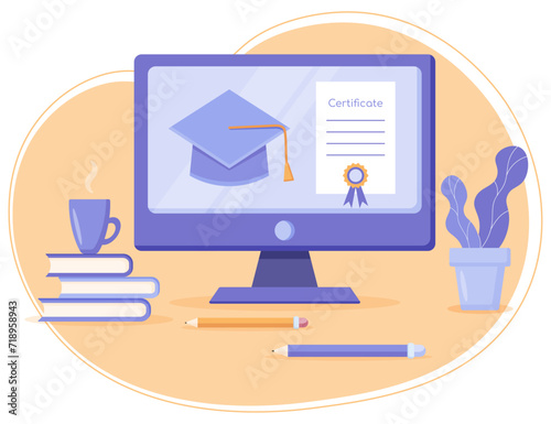 Certificate on monitor screen for e-learning course, webinar and online education concept on top of office desk, vector flat illustration
