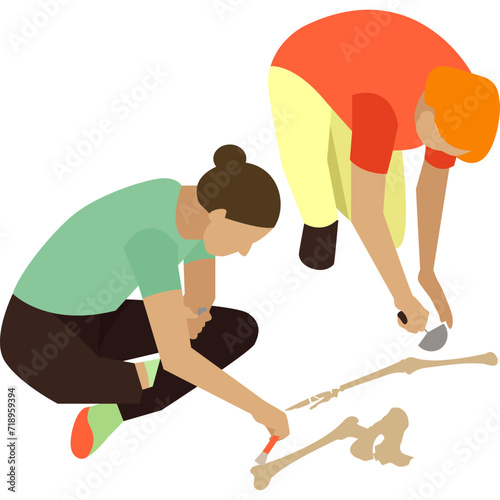 Group of archeologists excavating bones fossils vector icon isolated on white