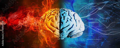 A brain is split in half, with one half being blue and the other half being red