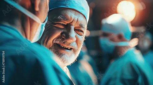 With a smile that lights up the room, middle aged surgeon showcases his expertise in the operating theatre. His compassion and skill bring comfort to patients, leaving a lasting impact. photo