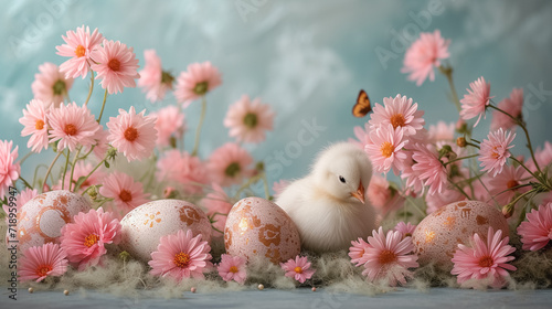 Easter egg and chick in flower composition, easter concept.