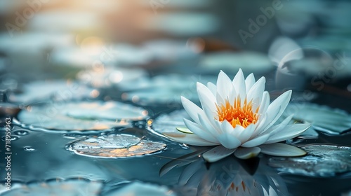 Dark blue water surface with a spectacular lotus with leaves that has been praised, space, Generative AI.