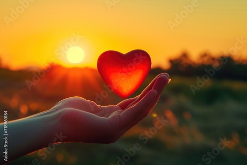 Woman hand holding red heart at sunset 