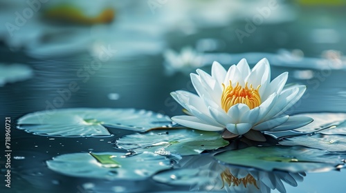 Dark blue water surface with a spectacular lotus with leaves that has been praised, space, Generative AI. © Grandpas
