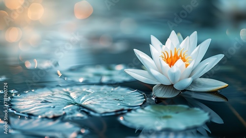 Dark blue water surface with a spectacular lotus with leaves  that has been praised  space  Generative AI.