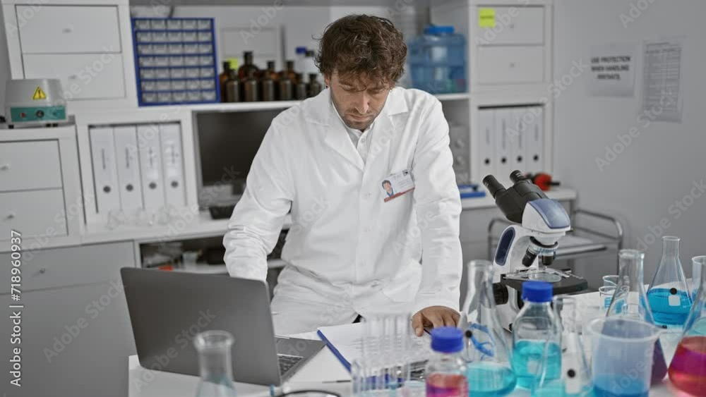 Concentrated male scientist with beard working with test tubes and laptop in a modern laboratory. Concentrated male scientist with beard working with test tubes and laptop in a modern laboratory.