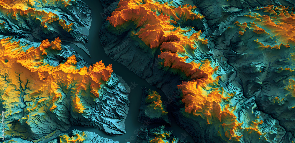 Dynamic abstract aerial shot capturing the textures and contrasting hues of a river canyon landscape, Topological depth map