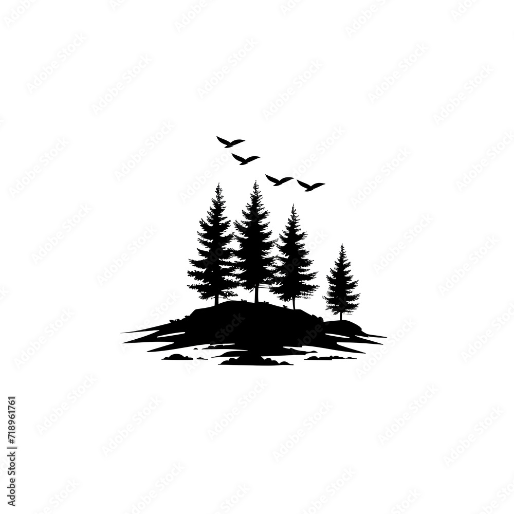 Obraz premium Silhouette of Trees and Birds on White Background 