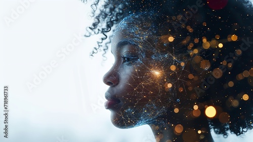 Double exposure of a young African woman with technical connections in face with a big copy space against a clean backdrop, Generative AI.