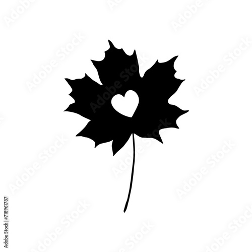 Black silhouette of a maple leaf with a heart cut out in the middle. Hand-drawn vector illustration isolated on white background.