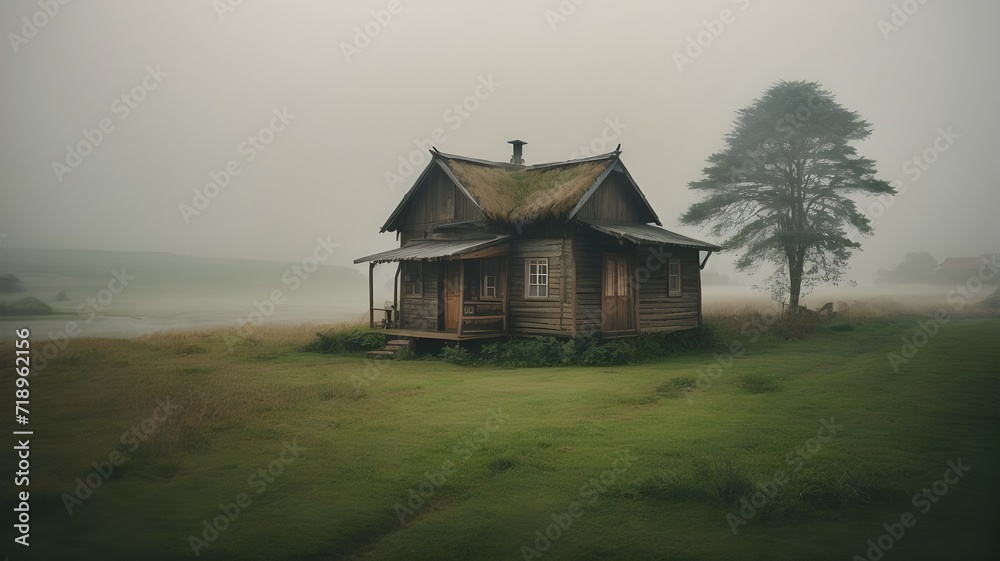 old wooden house in the forest with fog