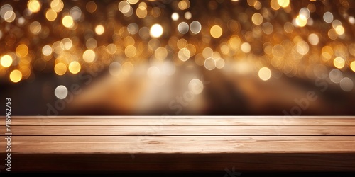Wooden table in front of shimmering bokeh lights.