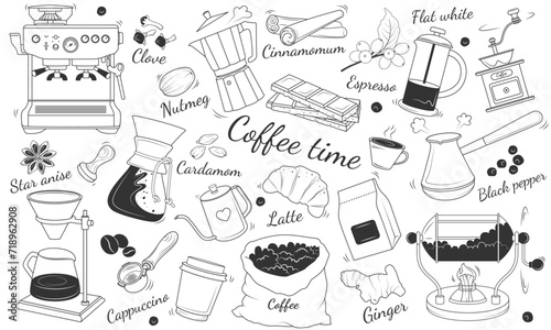 Set of illustrations about coffee. Cup, Coffee machine, bag of beans, Turk, paper cup, manual bean grinder, spices, croissant, chocolate, geyser coffee maker. Vector. Doodle style.