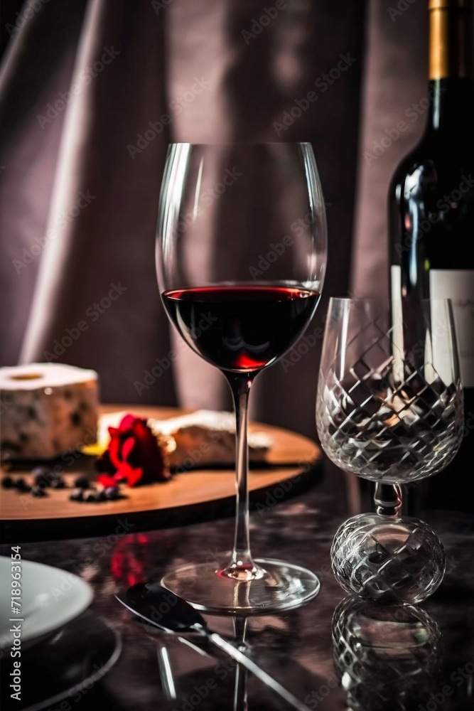 glass of red wine ,Simple decor in the high-end dining room created with Generative Ai glass of red wine ,Simple decor in the high-end dining room created with Generative Ai
