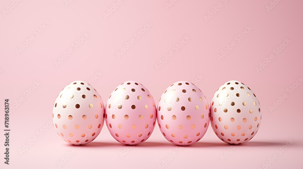 Pattern of 3 pink and white Easter eggs on a light pink background 