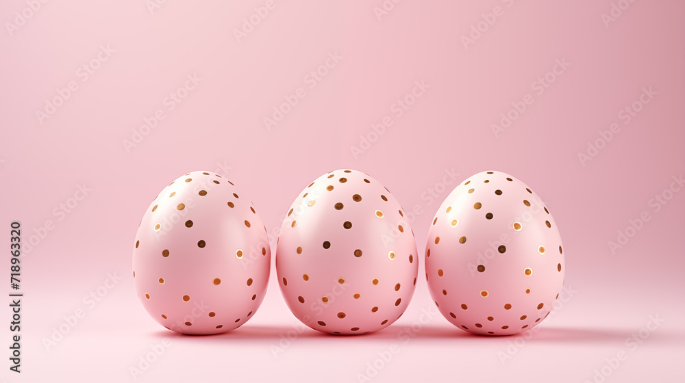 Pattern of 3 pink and white Easter eggs on a light pink background 