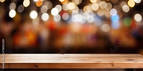 Wooden table with blurred supermarket background and bokeh light for product presentation.