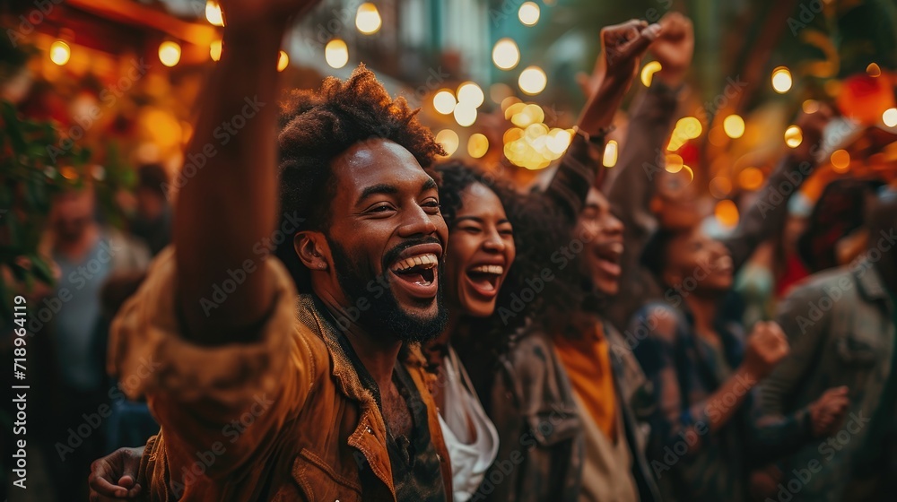 Obraz premium Happy crowd chanting, celebrating festival or event