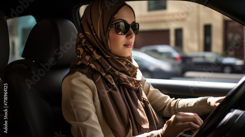 Young Muslim woman in modern car. Woman in hijab driving a car photo