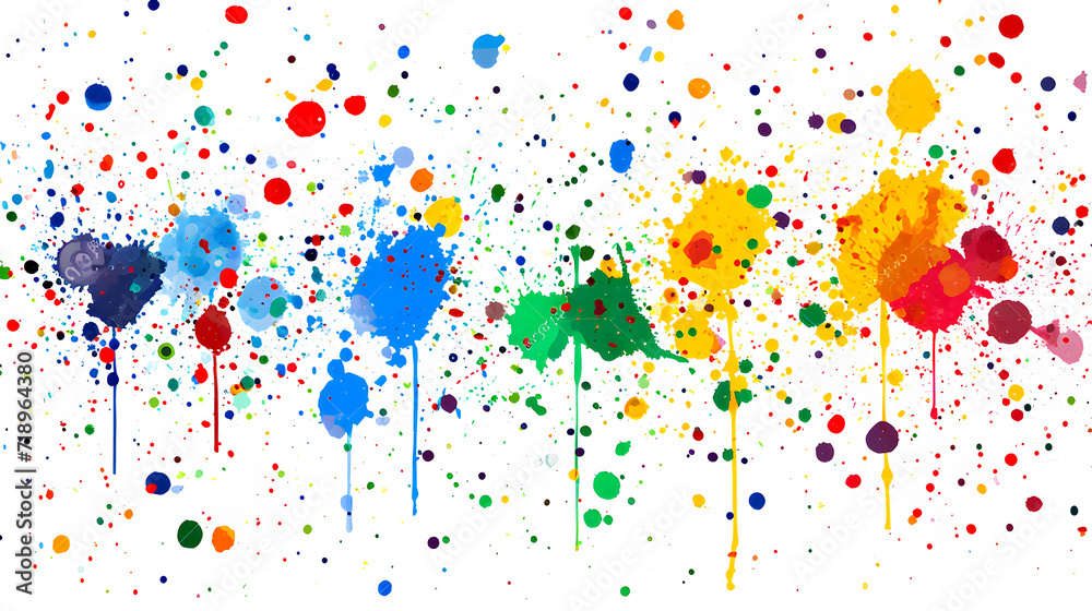 Abstract and colorful paint splatter pattern on a white backdrop, ideal for artistic backgrounds and creative graphic designs