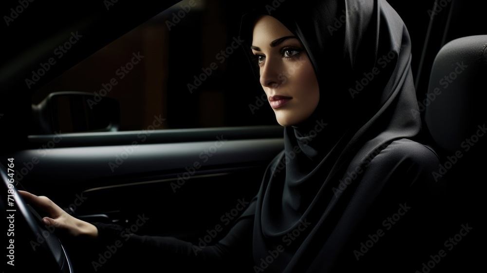 Young Muslim woman in modern car. Woman in hijab driving a car Young Muslim woman in modern car. Woman in hijab driving a car