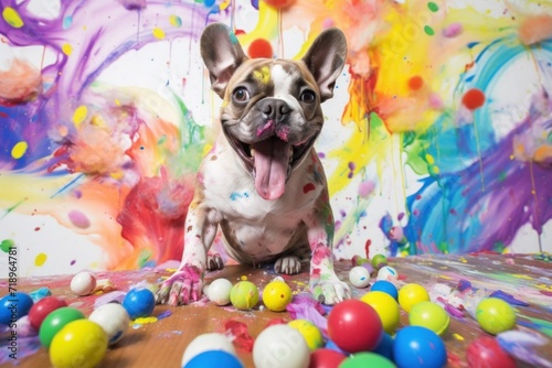A cheerful French bulldog sits amidst a playful explosion of color and scattered Easter eggs, embodying a festive and whimsical celebration of the Easter holiday.