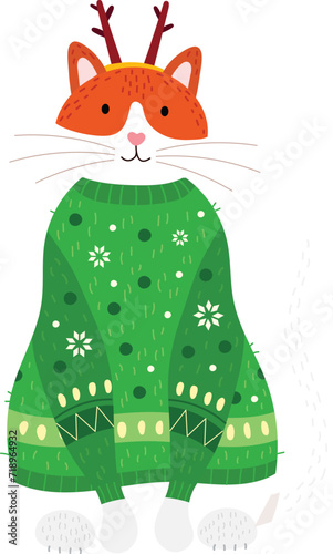 Cute cat dressed in green Christmas sweater, festive outfit with reindeer antlers. Holiday season, cheerful feline character celebrating. Adorable kitty in cozy winter clothes, cartoon animal