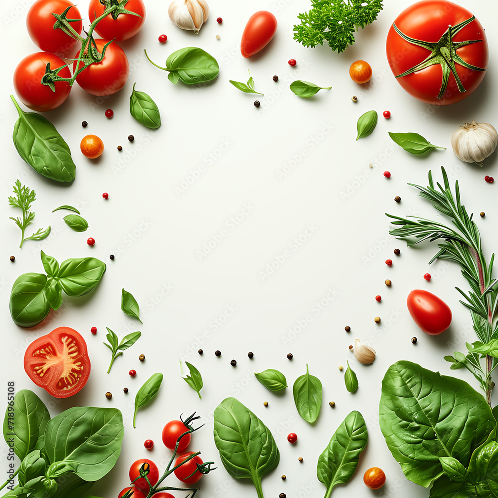 Vegetables frame around empty copy space area, Leafy greens, tomatoes, basil, herbs, spices. For organic green product advertising background
