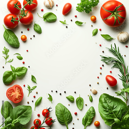Vegetables frame around empty copy space area, Leafy greens, tomatoes, basil, herbs, spices. For organic green product advertising background 