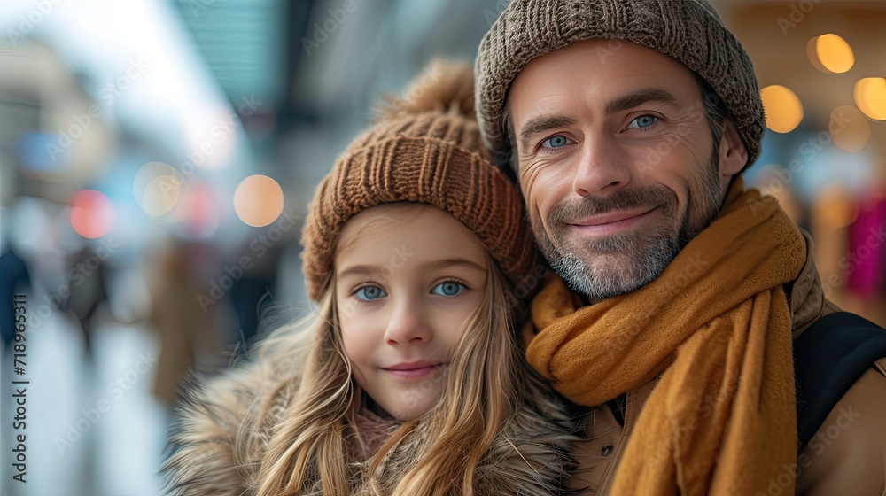 happy father and his daughter with paper bags in winter happy father and his daughter with paper bags in winter