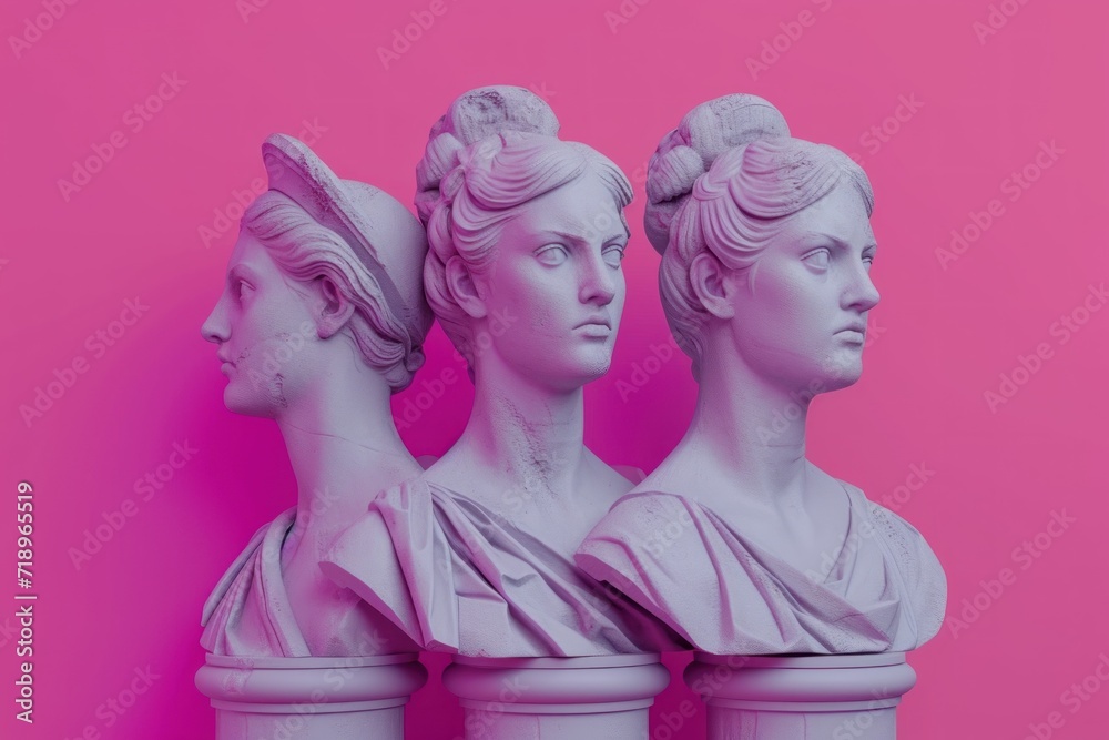 women sculptures. victory on pink background, in the style of hyperrealistic sculptures, groovy, copy-space