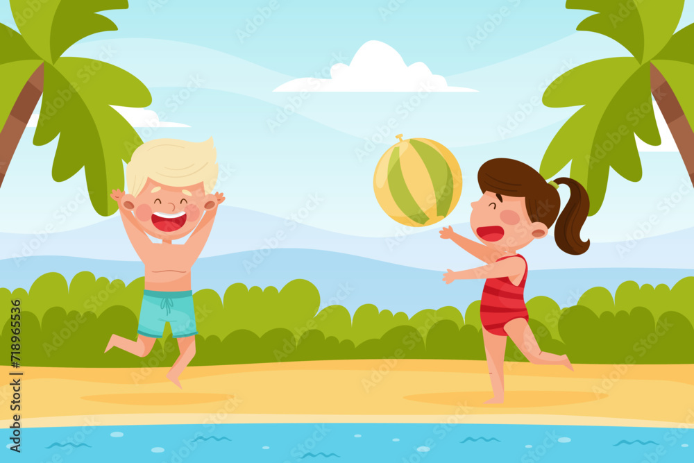 Happy Boy and Girl Character at Sea Play Ball Enjoy Beach Vacation Vector Illustration