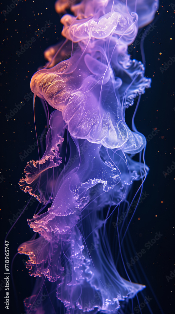 Fluorescent purple glow jellyfish swims gracefully underwater
Fluorescent purple glow jellyfish swims gracefully underwater