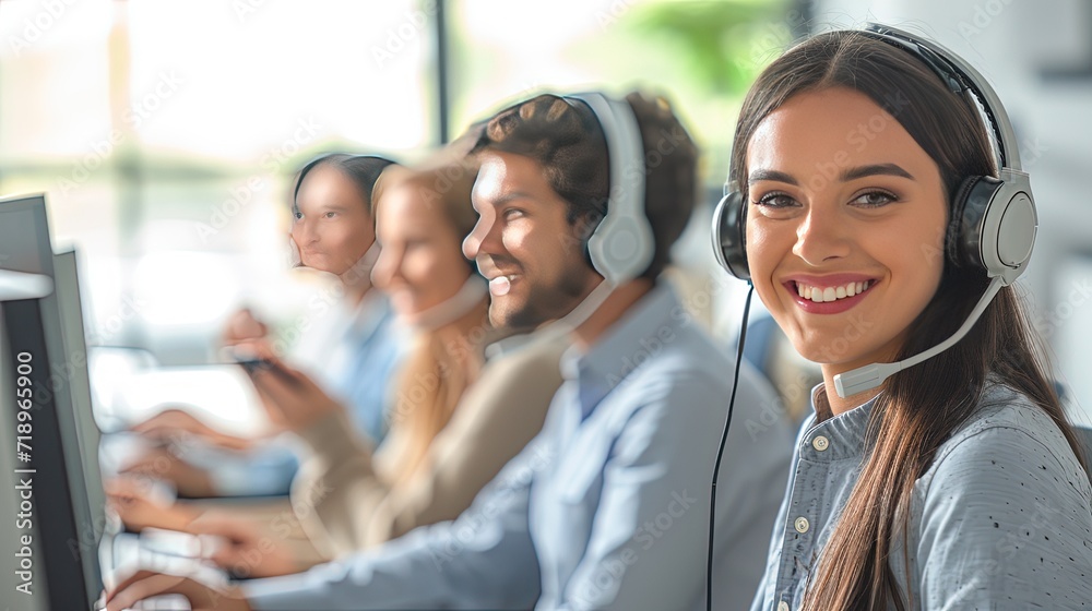 A diverse team of professionals in a call-center, smiling as they assist customers with their computer expertise. Copy space. A diverse team of professionals in a call-center, smiling as they assist customers with their computer expertise. Copy space.