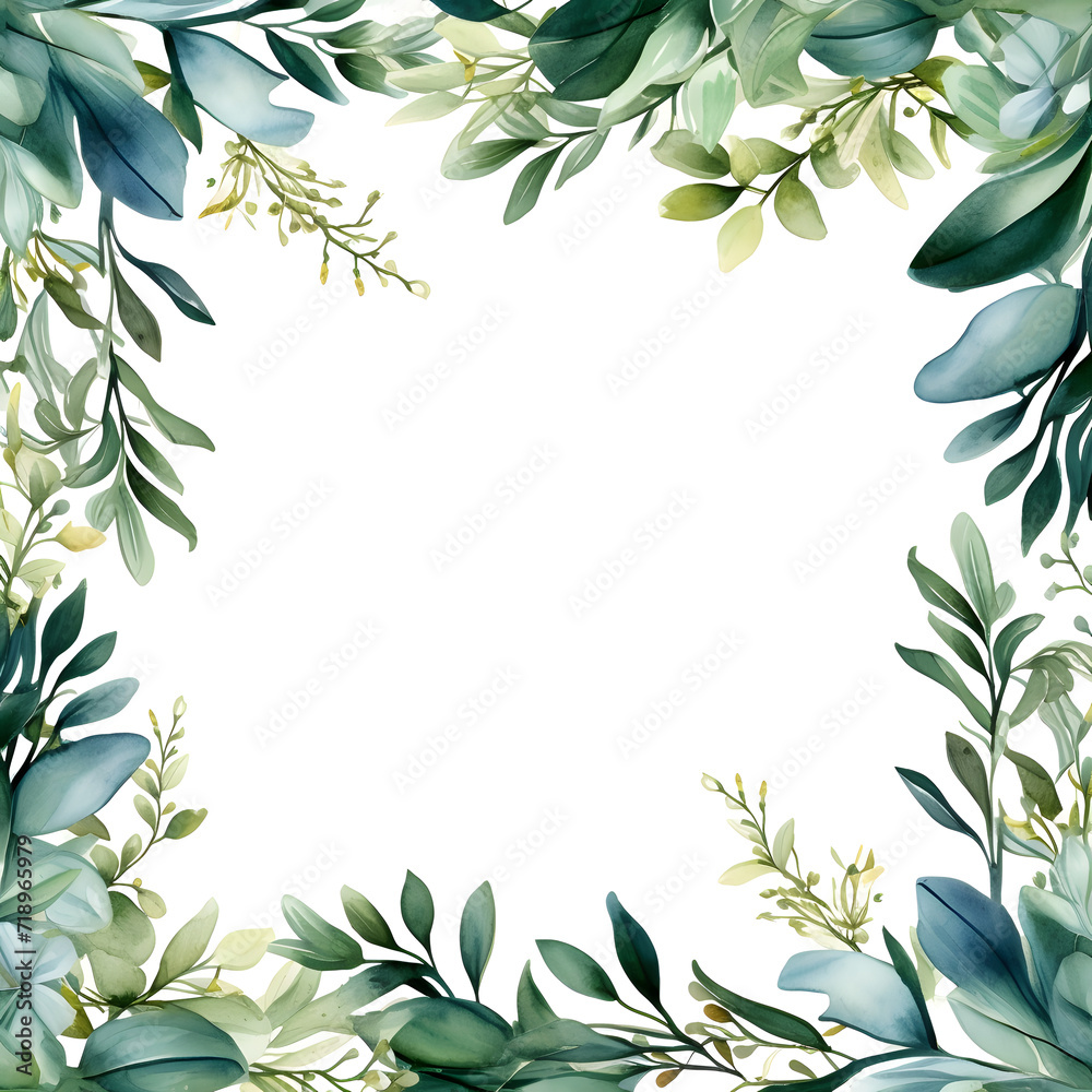 Greenery, green leaves, branches, berries. Watercolor rectangular frame