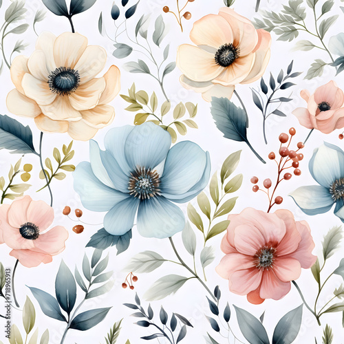 Floral watercolor pattern with colorful flowers in herbarium style. Hand painting image, print in pastel colors isolated on white background © Rina Design